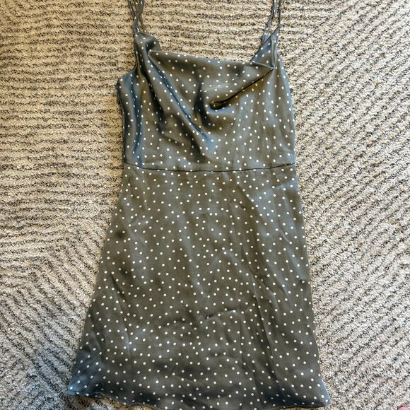 LULUS "Spot in My Heart Sage Grey Polka Dot Satin Cowl Neck Mini Dress" - Picture 1 of 3